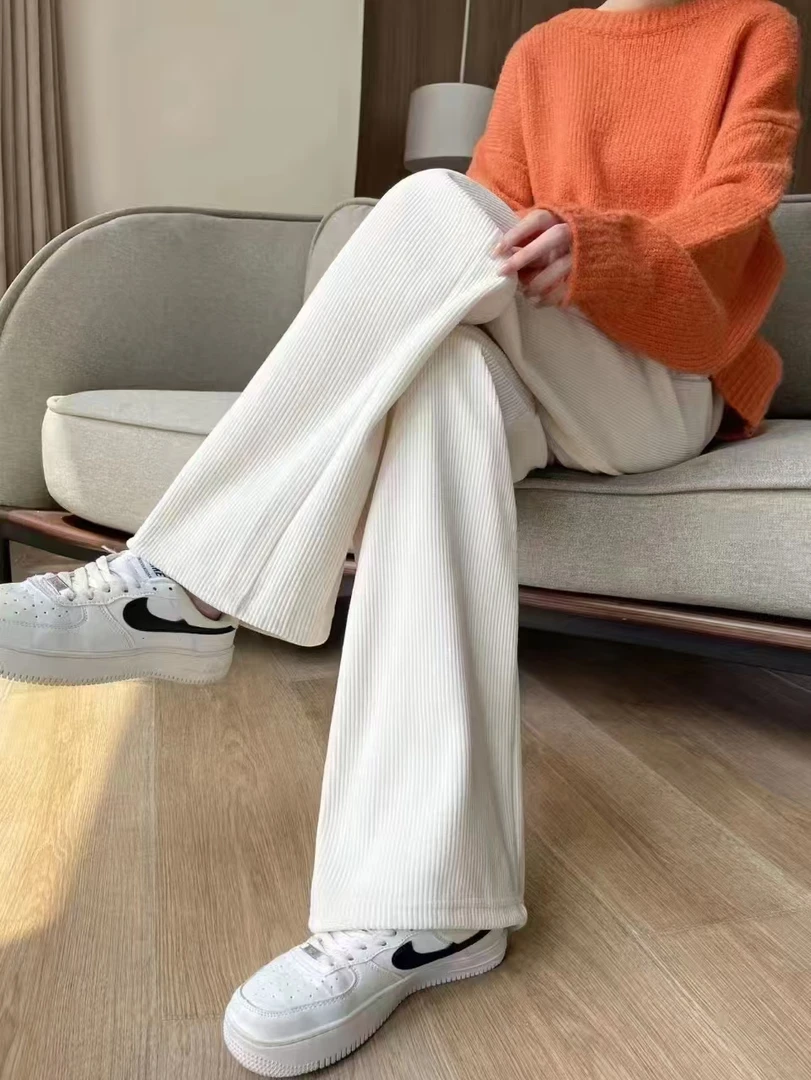 白色奶油裤女高腰阔腿裤春秋休闲显瘦舒适长裤