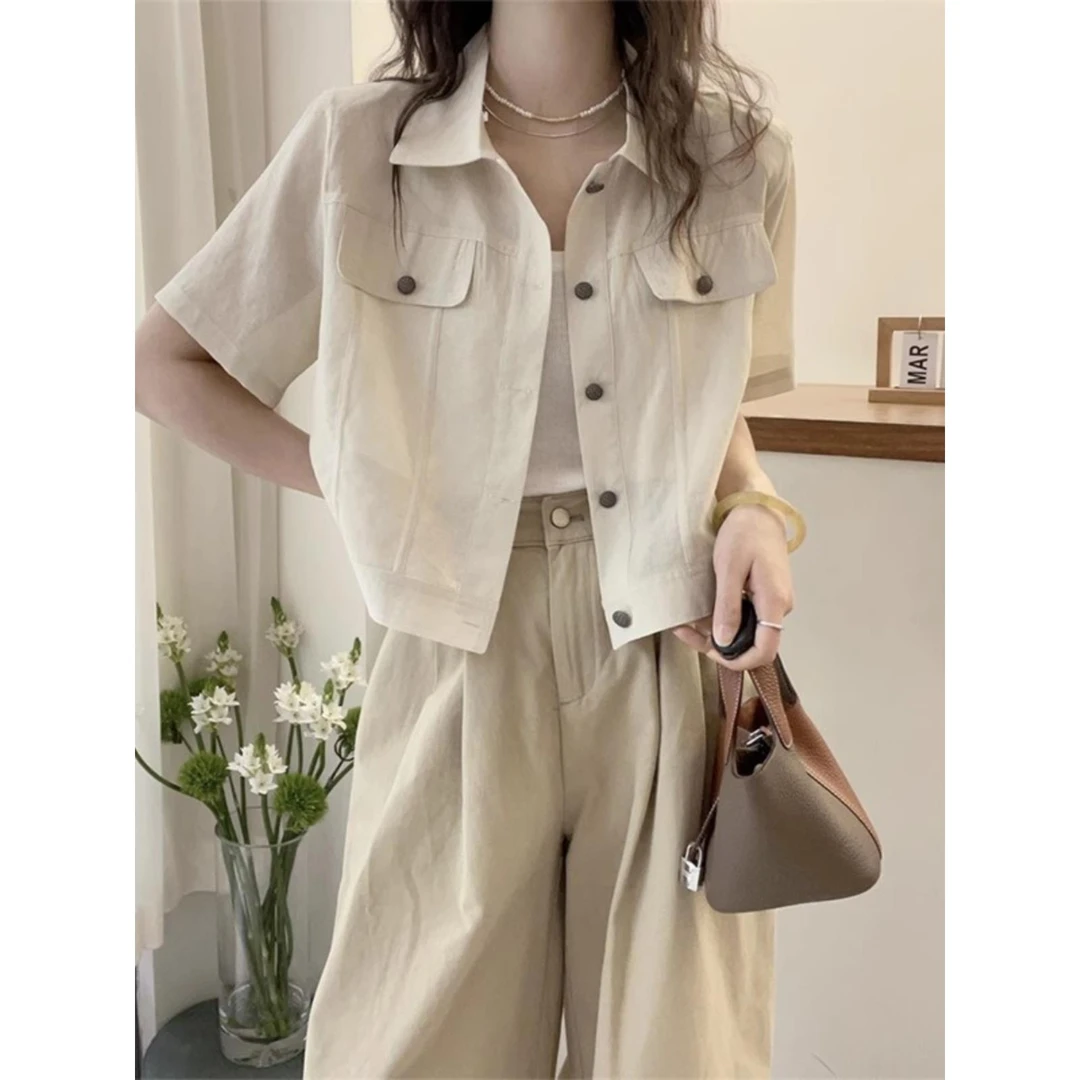 高端亚麻工作服短衬衫夹克女子2025夏季加码胖mm盖腹薄短袖开衫女