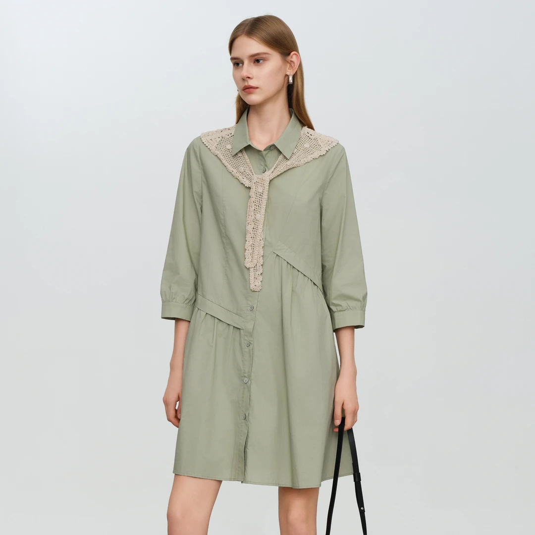 【商品】Elva' Island2025春季绿色文艺休闲长袖衬衫连衣裙女