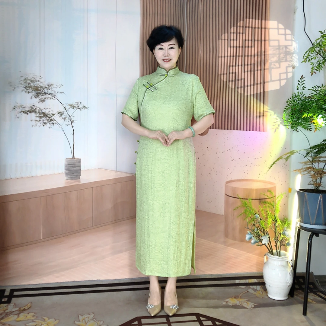 【向阳花开】低领大码旗袍显瘦气质时尚绿色夏季少女复古长款优雅
