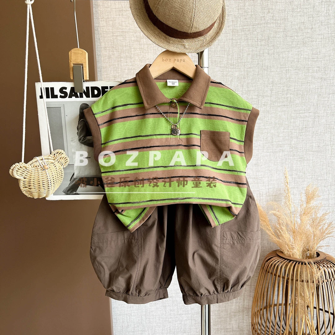 定制【抹茶拿铁】2025夏季男童韩系休闲棕绿色条纹POLO衫
