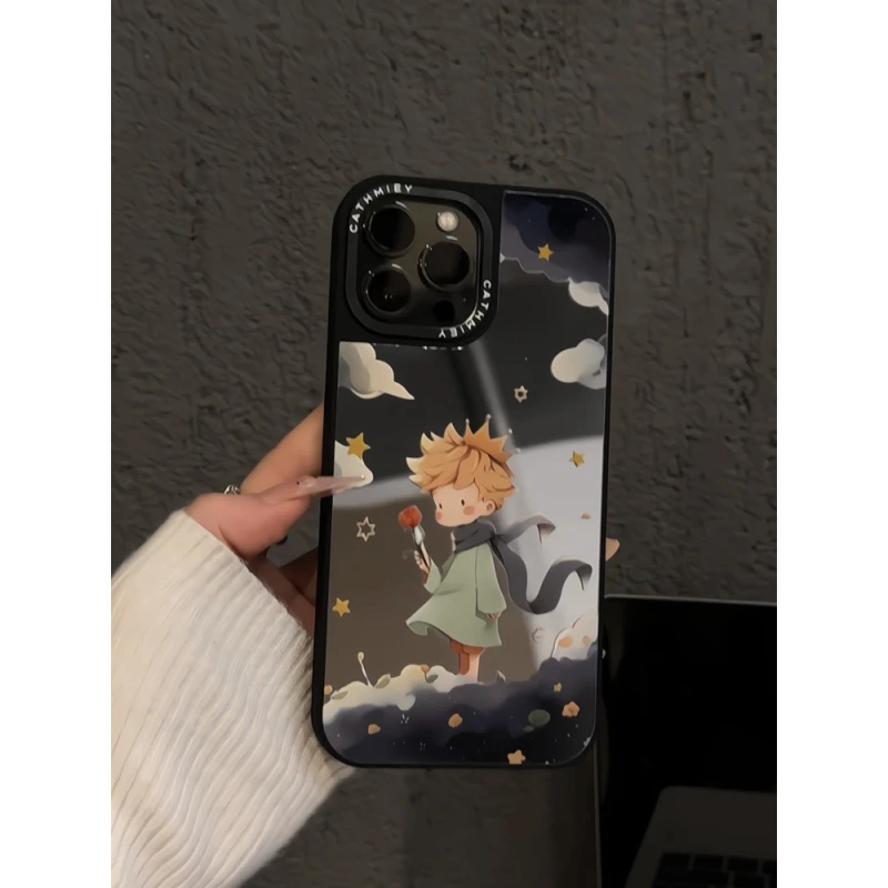 玫瑰小王子适用苹果16黑边手机壳iPhone15pro镜面可爱ins风14小众