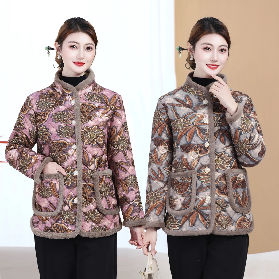 中老年女装秋冬加厚棉服外套盘扣妈妈装民族风加绒保暖