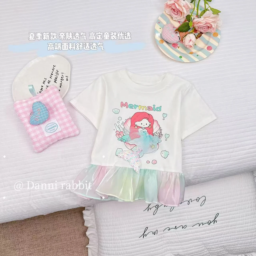 【Dannirabbit】*女童美人鱼亮片鱼尾彩色轻纱花边T恤 X-7618