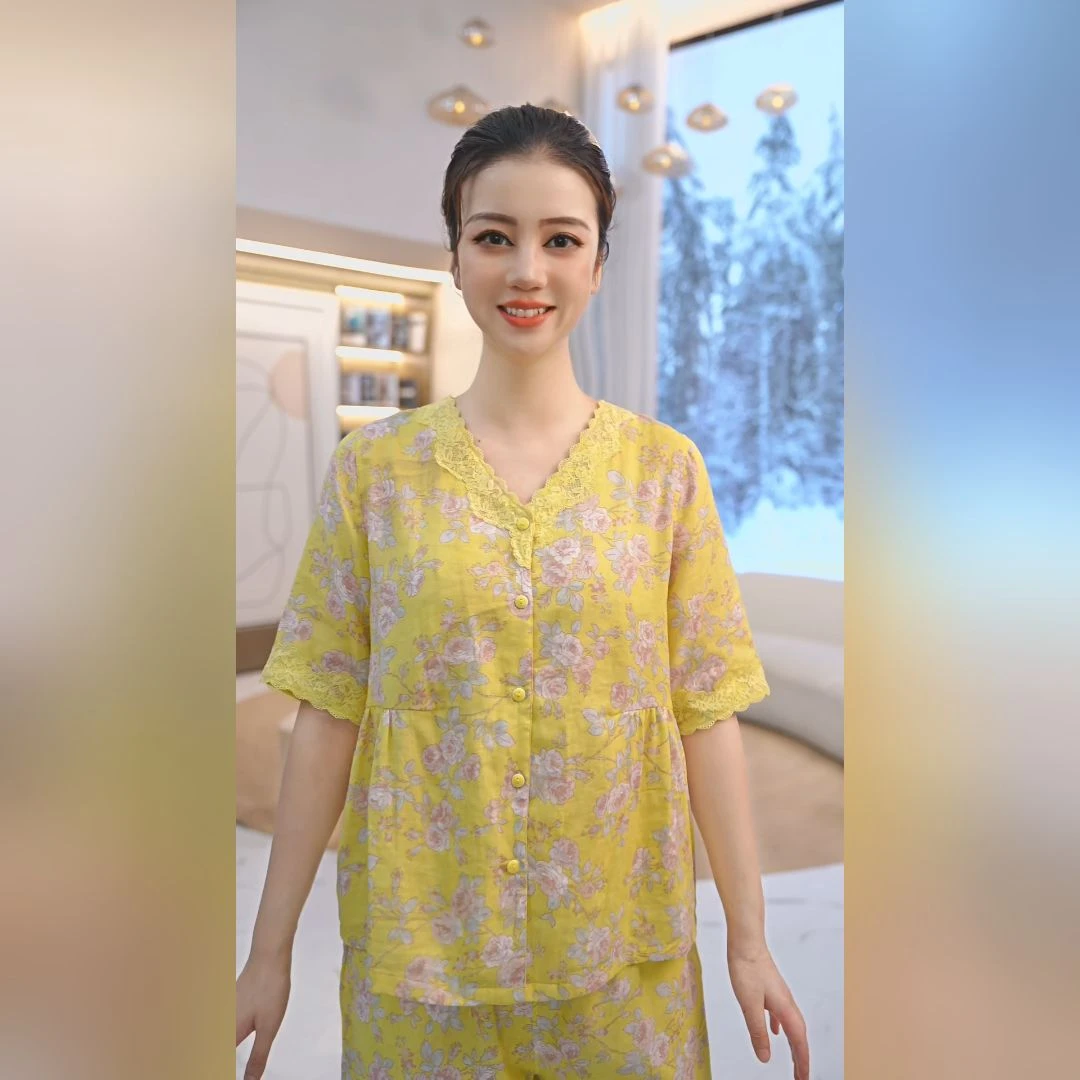 秋鹿双层纱印花V领五分袖九分裤女套夏季休闲