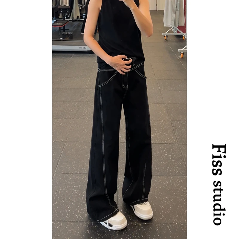设计感辑明线轮廓黑色牛仔裤男女同款百搭新款潮牌高级感阔腿裤潮