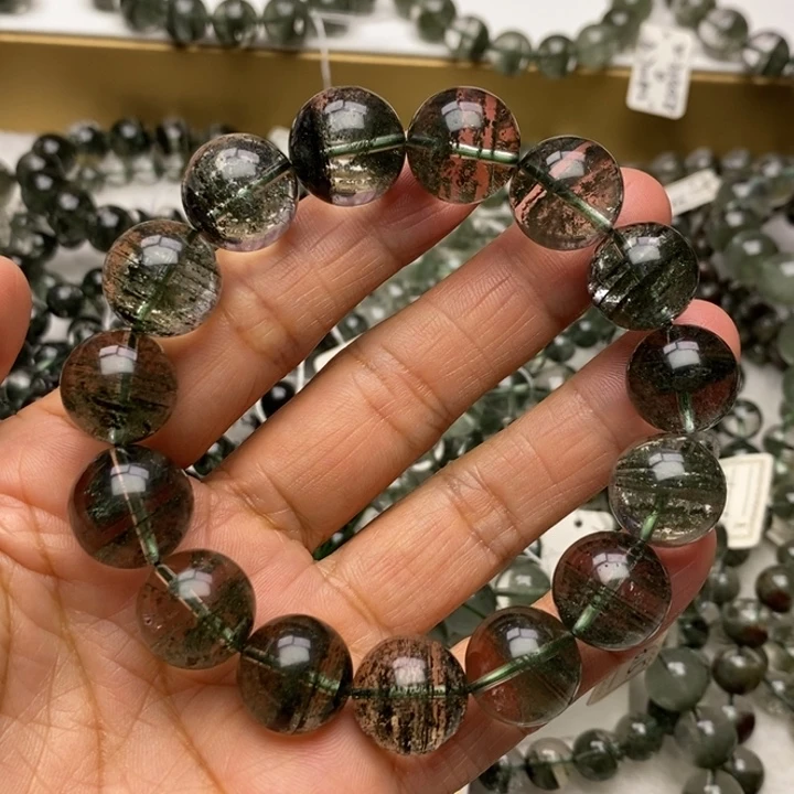 水晶手链未镶嵌Q14615天然绿幽灵水墨画千层聚宝盆14+