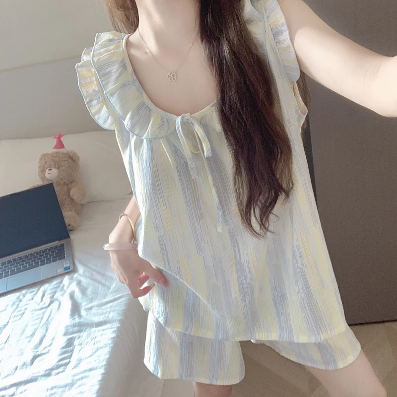 【带胸垫一体】条纹背心短裤睡衣女款夏季2025新款云朵棉家居服套装