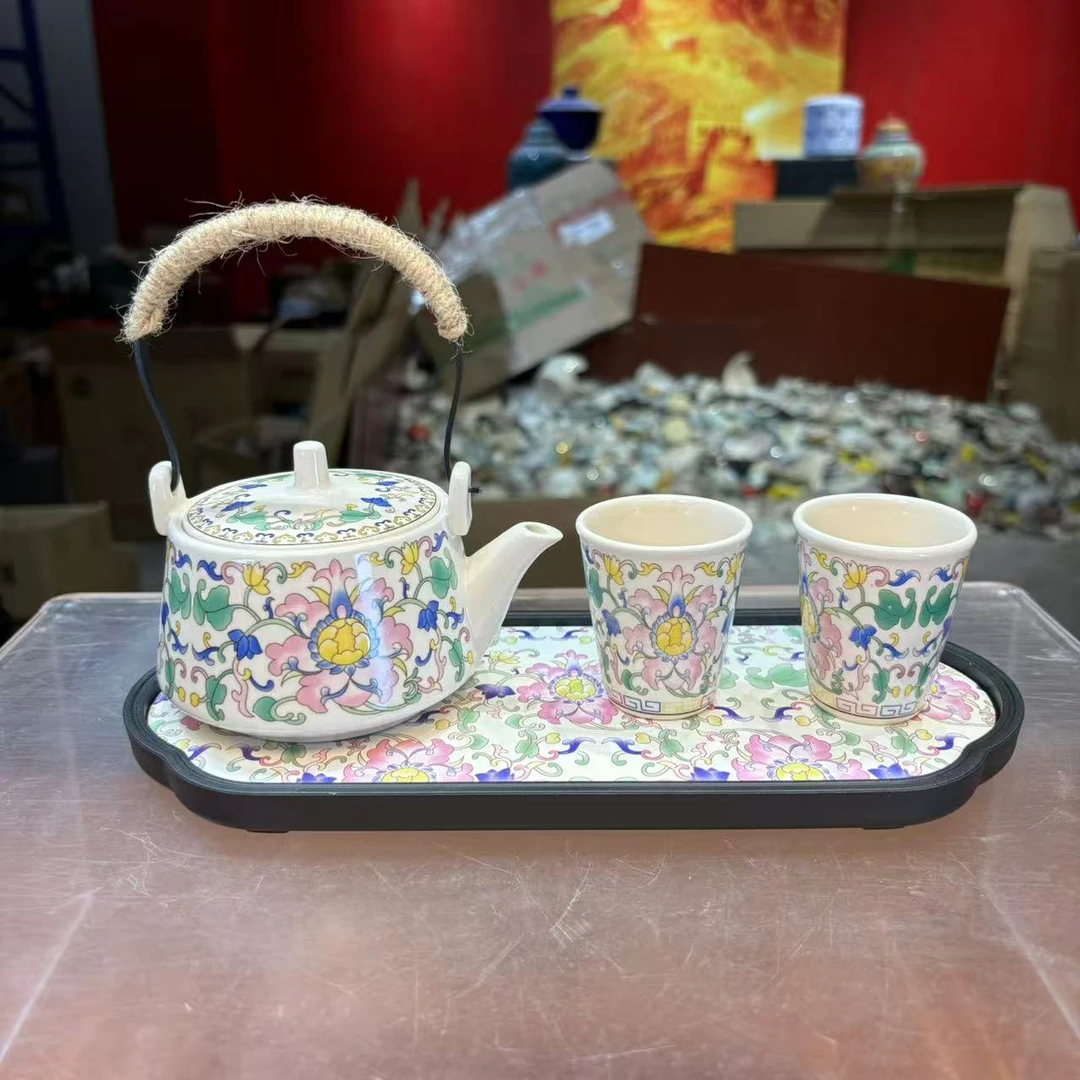 秋香茶具 珐琅彩万花提梁壶一壶两杯小套装家用功夫茶具-3214