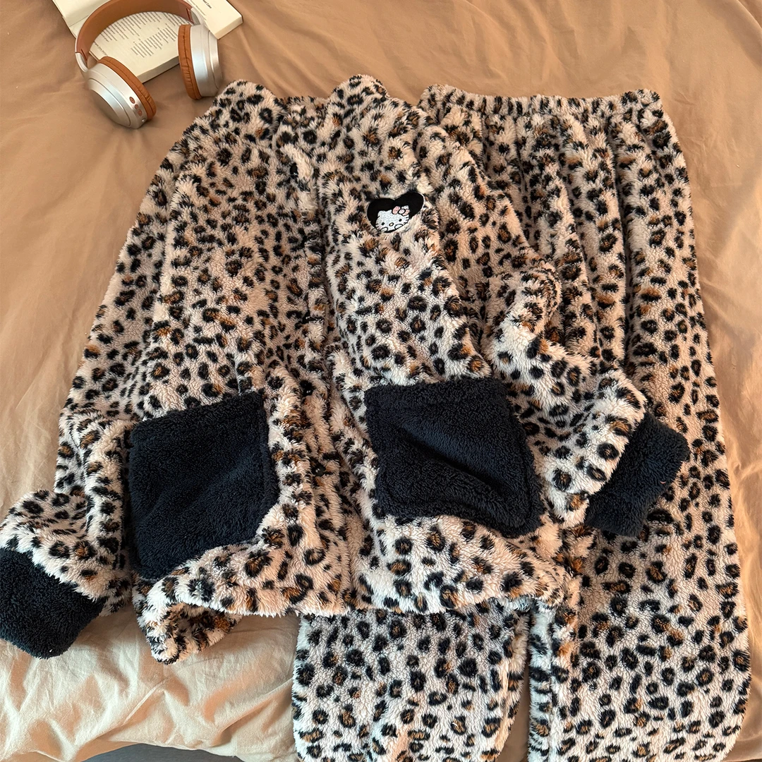 珊瑚绒睡衣女秋冬季大码加厚可外穿天鹅绒豹纹kt猫套装冬天家居服
