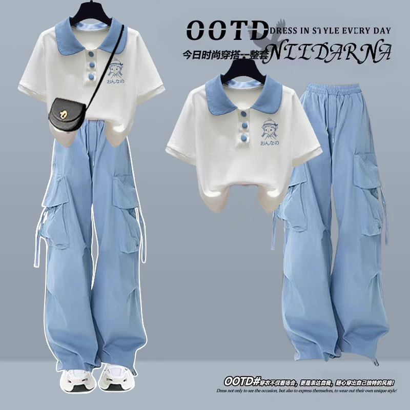 中大童夏装少女套装初中高中学生穿搭短袖T恤高腰工装裤两件套潮