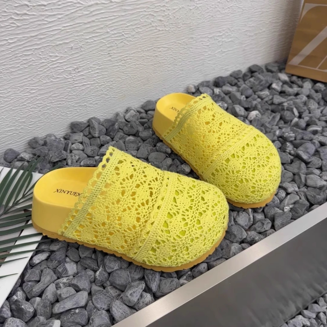 休闲凉拖鞋绣花蕾丝包头拖2025春夏时尚凉鞋百搭舒适透气镂空半拖