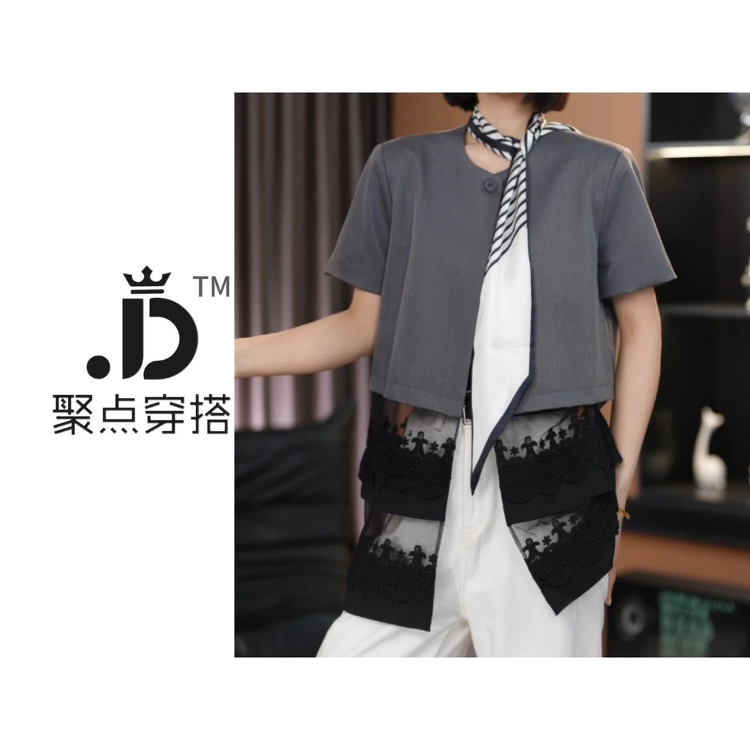 JUDIAN-【轻风叙】小众高级感夏季圆领时尚拼接层次感上衣8jd492508