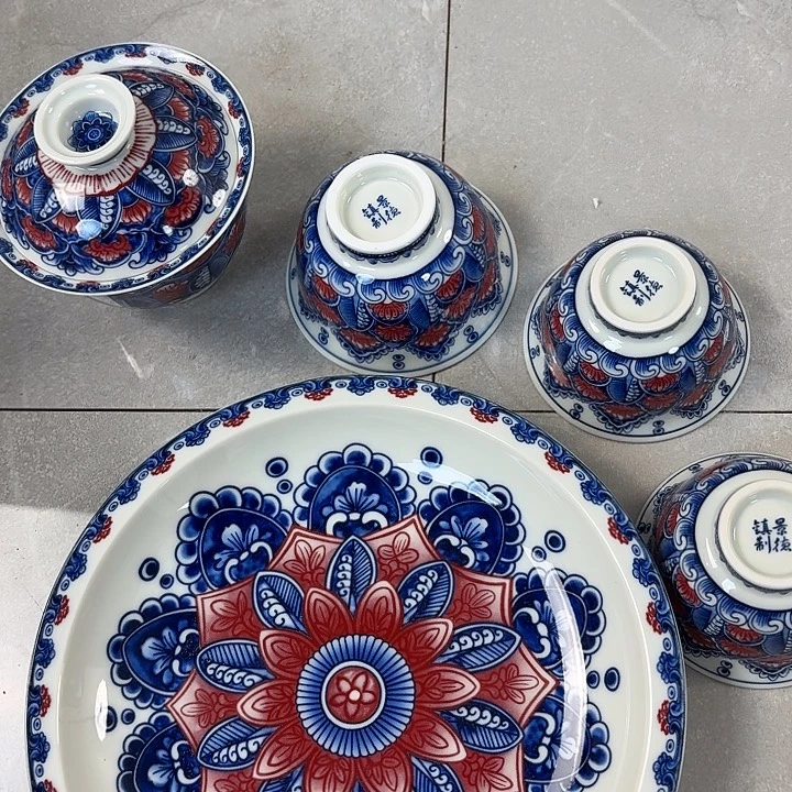 瓷片釉里红曼陀罗花5件套