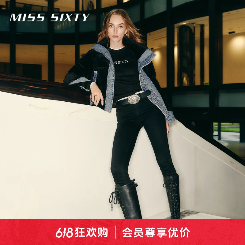 Miss Sixty秋季新款磨毛牛仔裤女双扣黑色修身显瘦九分铅笔裤