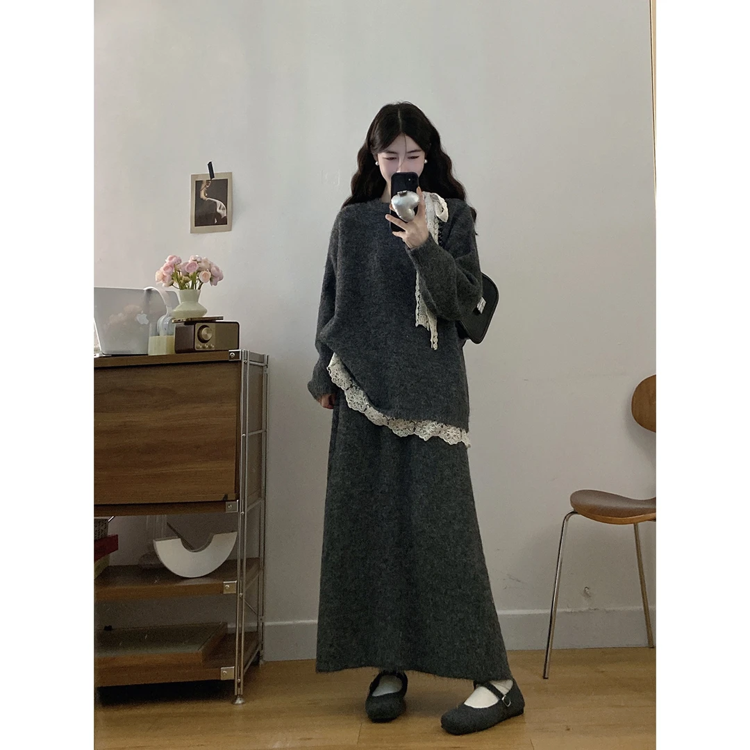 大码女装胖mm秋冬季新款韩系蕾丝拼接针织衫上衣高腰半身裙两件套