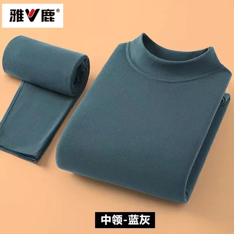 雅鹿半高领双面德绒秋冬季男士保暖内衣男套装加绒加厚秋衣秋裤