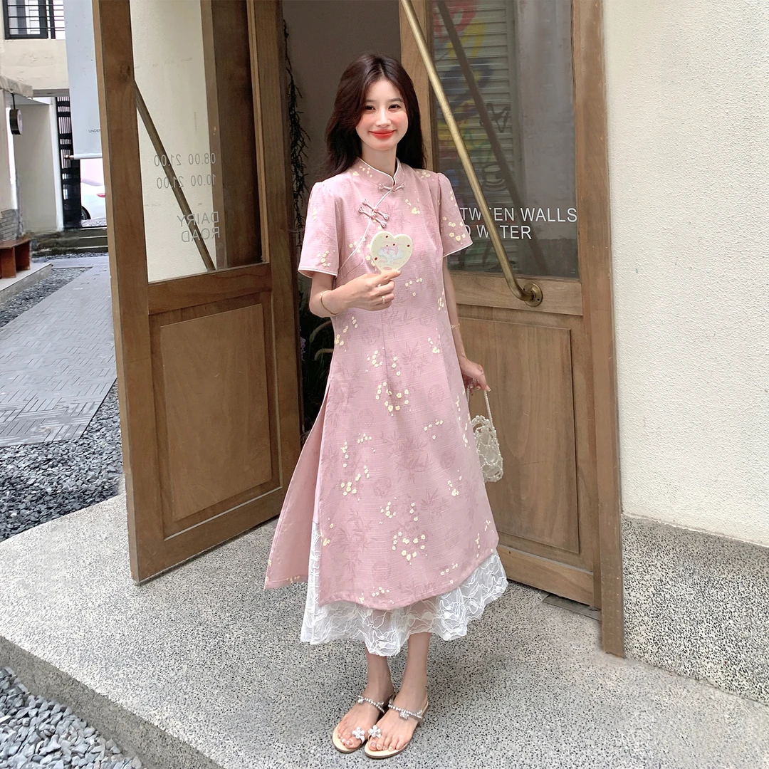 新中式国风气质改良旗袍连衣裙女夏2025新款设计感假两件提花长裙