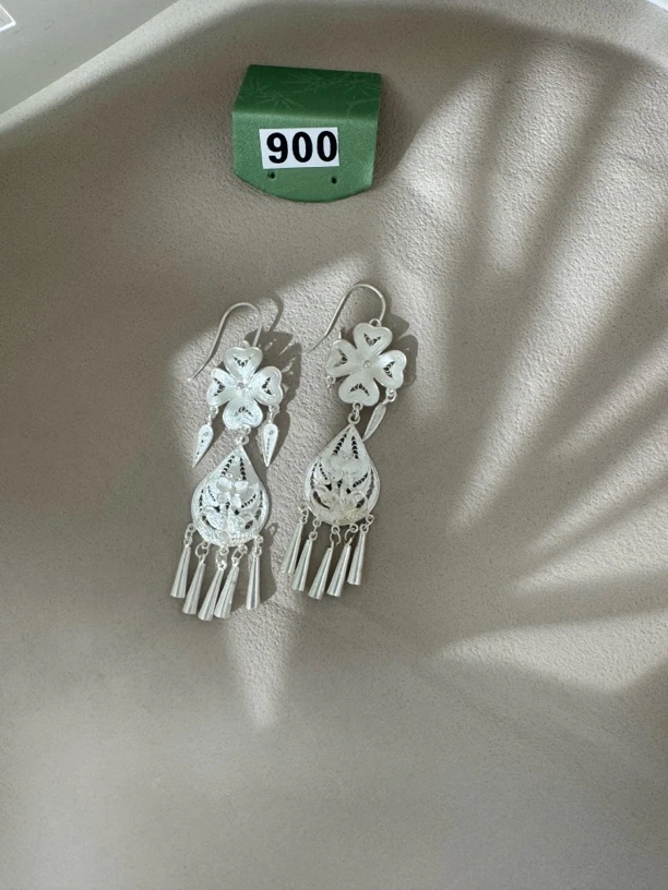 足银耳饰 909号喇叭花水滴民族风耳饰，古风古典耳饰