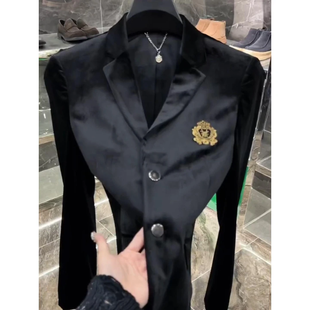 2708春季新款男士高端易搭奢华欧式丝绒西装夹克休闲商务时尚百搭