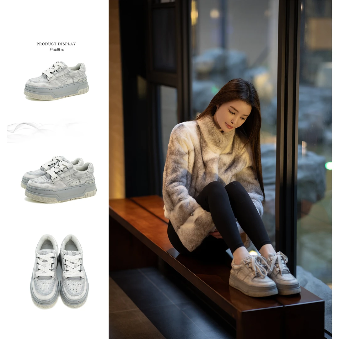 2025新款手工擦色做旧Traine胖丁系列时尚浅灰擦色板鞋复古潮流