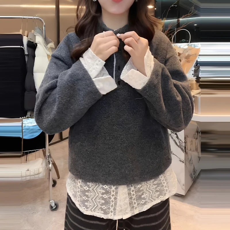 灰色半高领拼接假两件卫衣女冬季独特巨好看韩系慵懒显瘦上衣