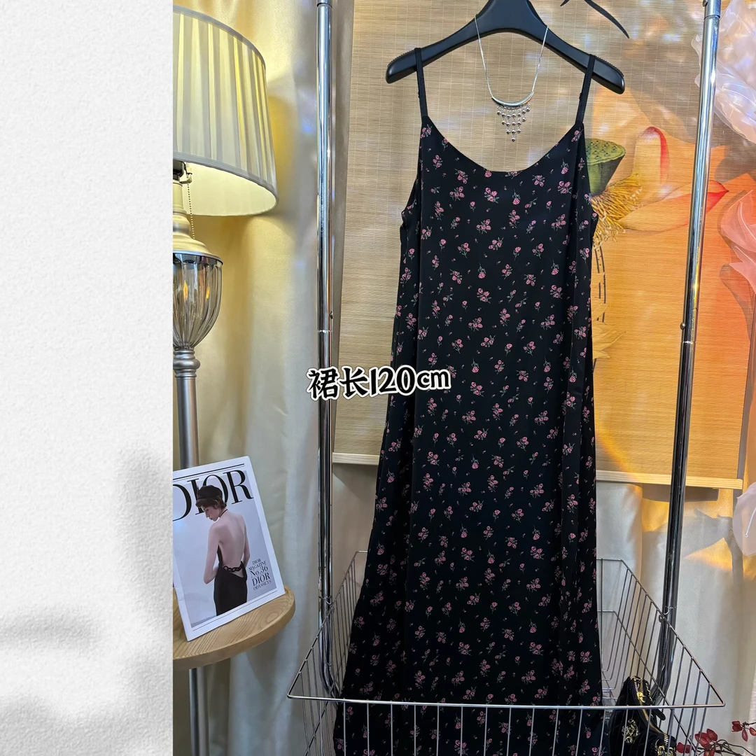 【粉玫瑰吊带裙】调节肩带开叉设计师连衣裙显瘦百搭休闲时尚印花