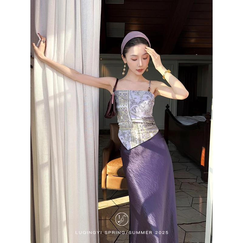 鹭青一原创【集邮册】复古印花吊带背心春打揽设计上衣L25B7447BA