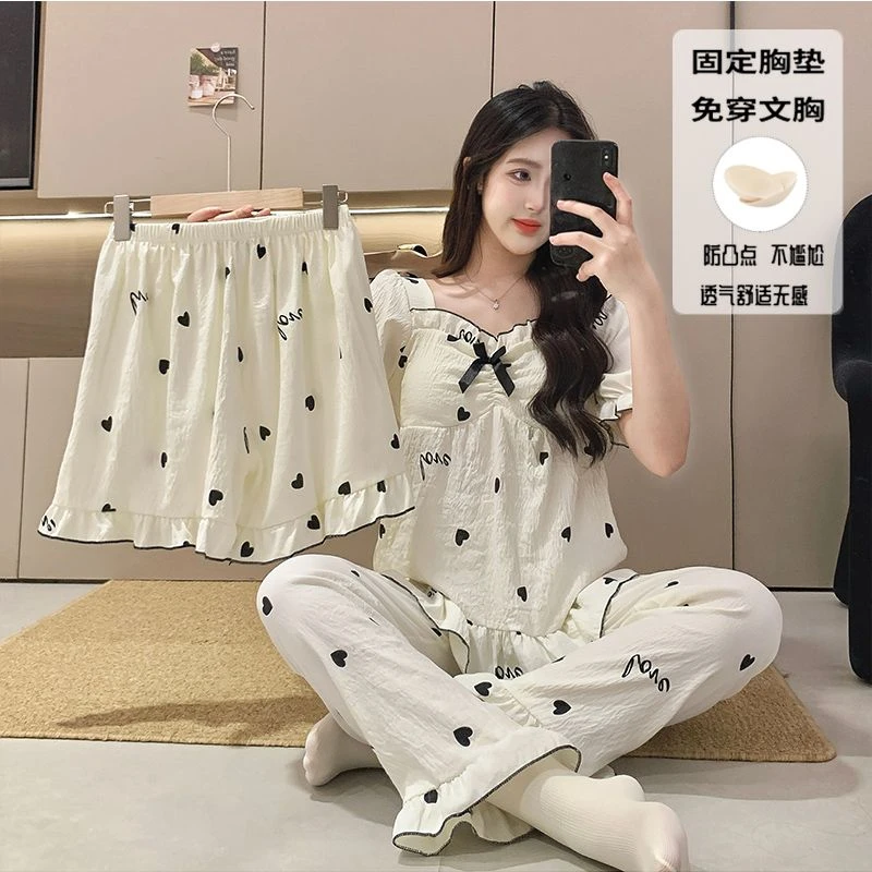 新款夏季云朵棉带胸垫睡衣女甜美公主宫廷风蕾丝花边家居服三件套