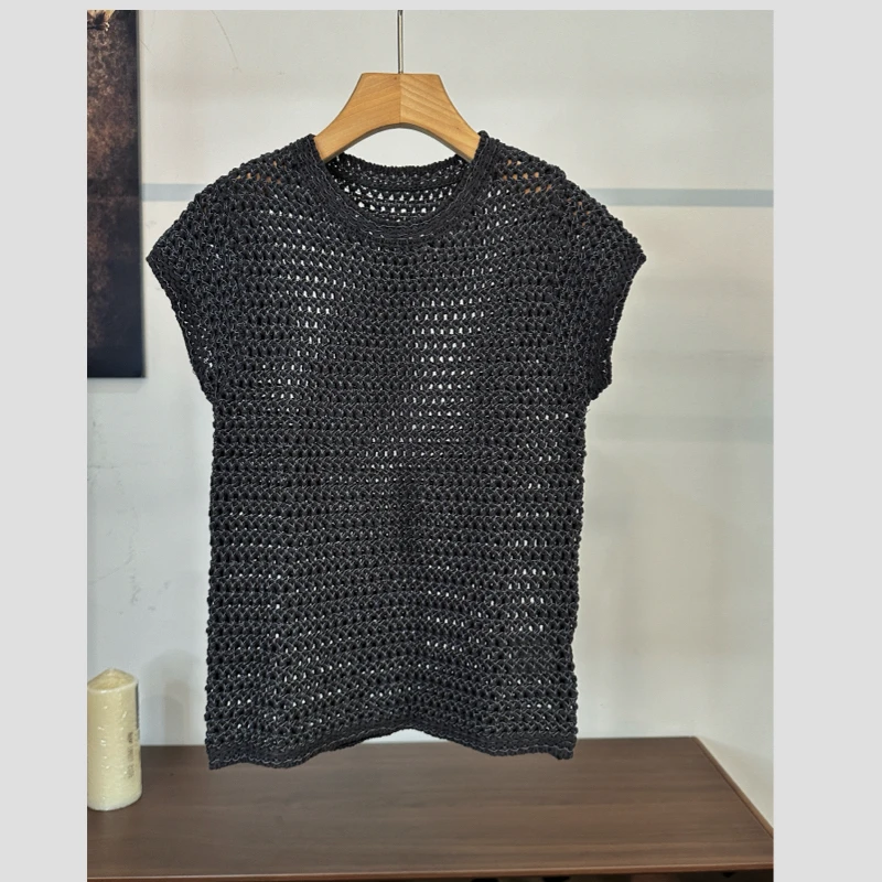 （秋日序曲）毛针织衫黑色圆领宽松型黑白休闲女短袖蕾丝千金风5670