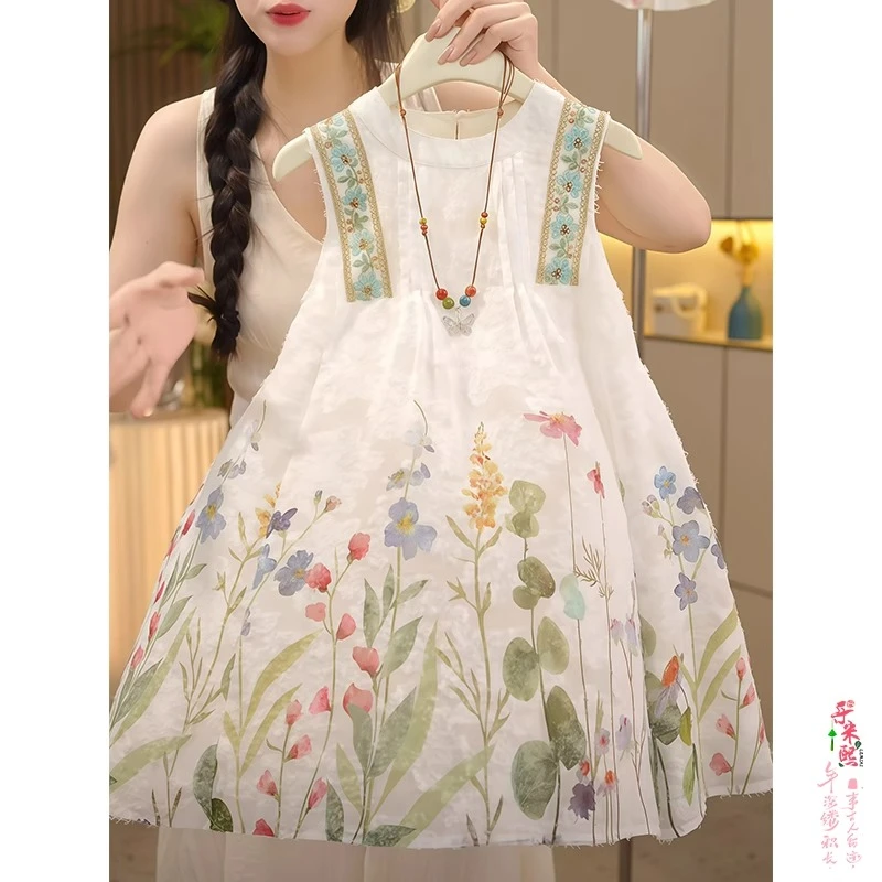 女童度假风连衣裙夏季2025新款碎花刺绣无袖公宝宝洋气度假公主裙