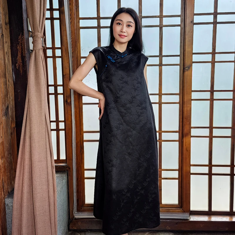 30姆米陈莨记家花罗桑波段红云纱立领斜襟无袖连衣裙252225-3