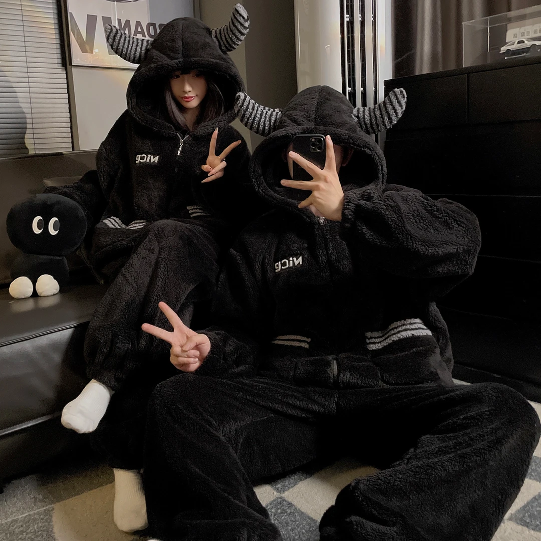 珊瑚绒情侣睡衣女秋冬季加绒加厚2025新款连帽拉链法兰绒家居服男
