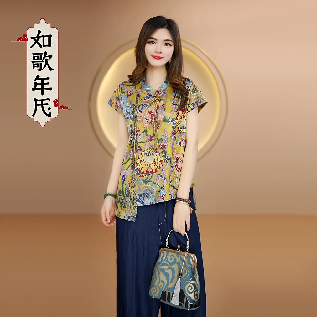 洛神-如歌年代夏新款国风缎面旗袍领短袖小衫女士复古新中式上衣