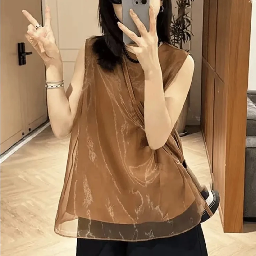 【虞美】复古圆领无袖背心夏天法式宽松别致小衫欧根纱高级洋气上衣