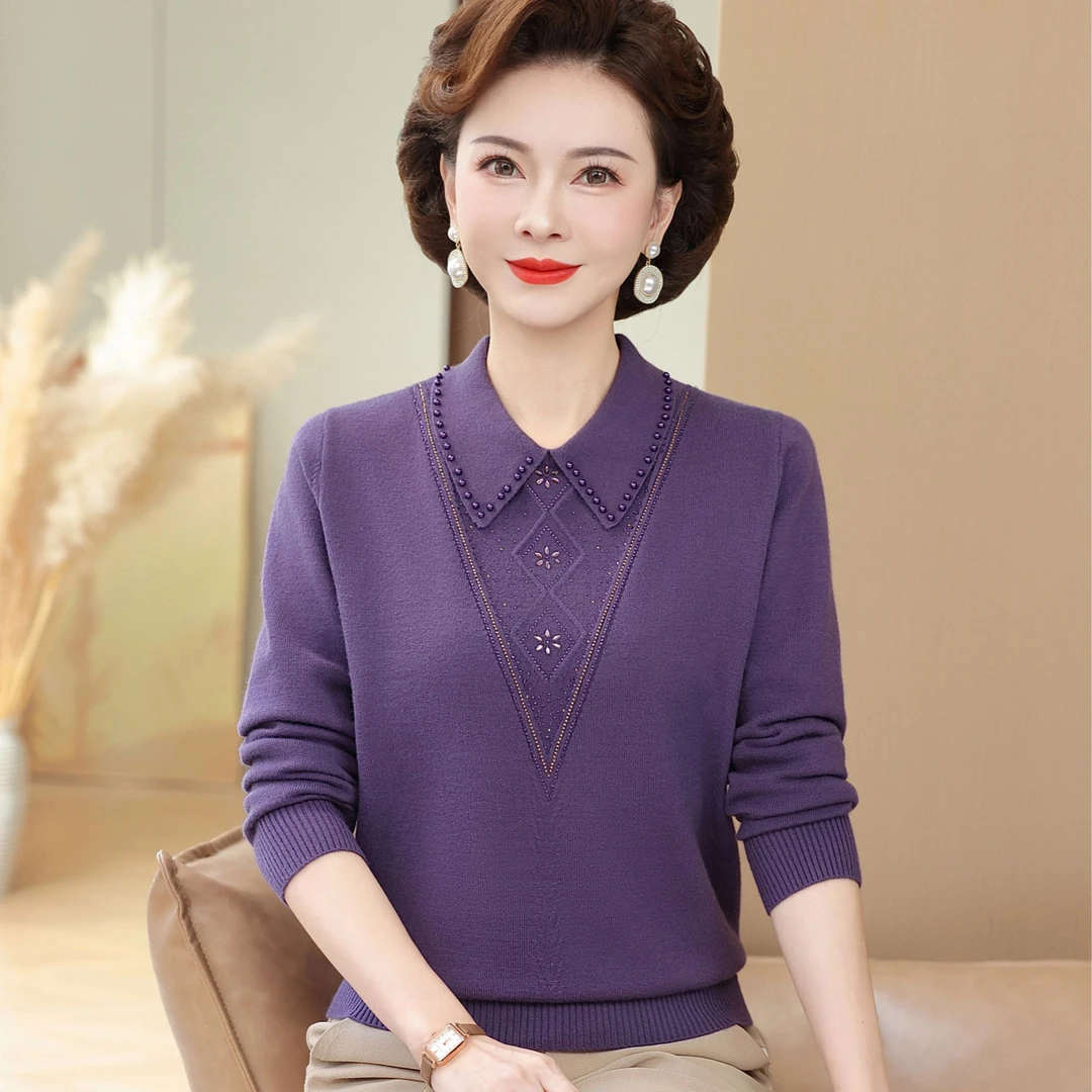 婆婆妈妈装秋装针织衫长袖洋气高贵中老年女秋冬上衣新款打底衫