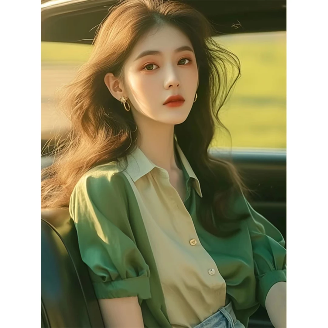 今年流行爆款绿色拼接短袖衬衫法式气质上衣洋气高端别致小衫女夏
