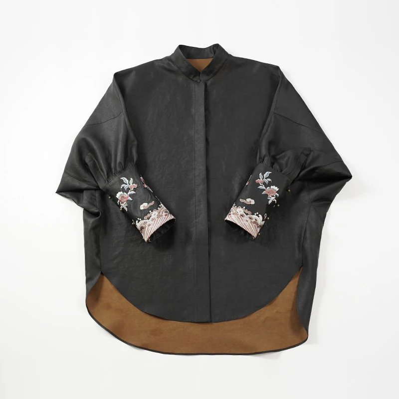 中国风富贵牡丹手工刺绣100%桑蚕丝阔版中式女士衬衫（250220）