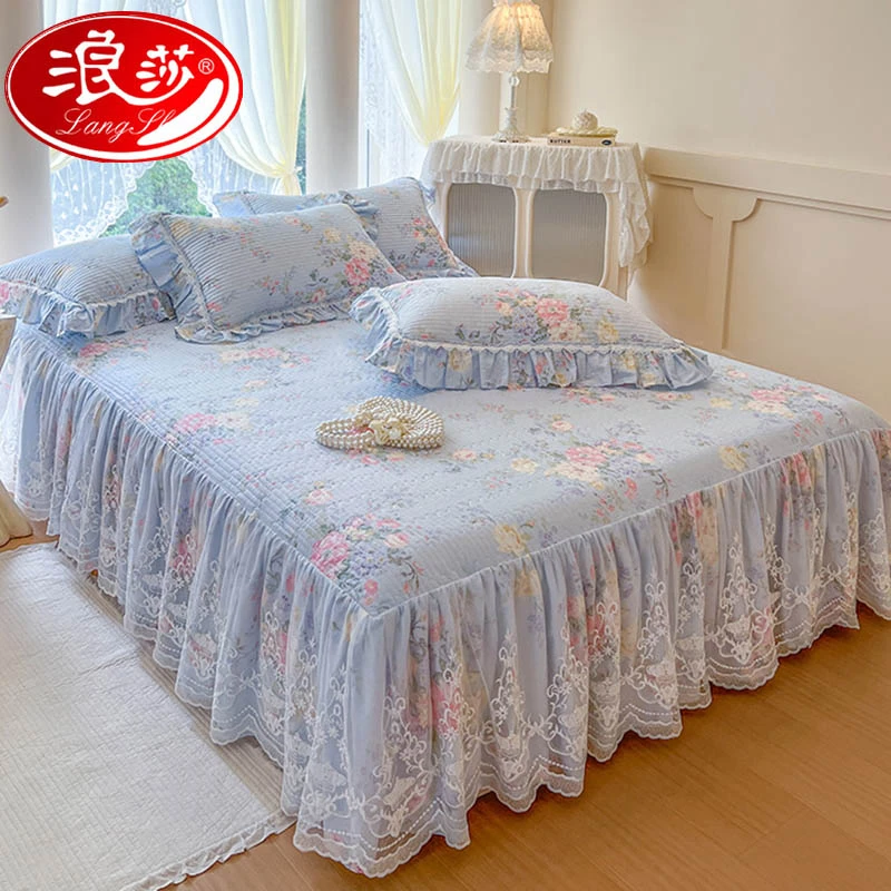 浪莎2025新款公主风全棉蕾丝床裙单件四季通用纯棉床单带裙边床罩