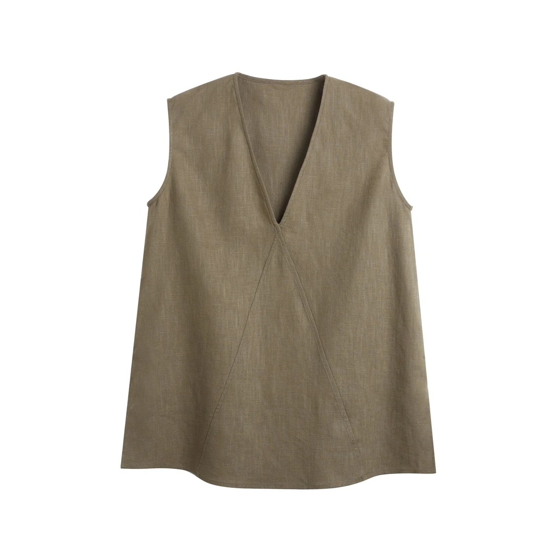 30440【Am订单】100%亚麻V领A字背心上衣0237