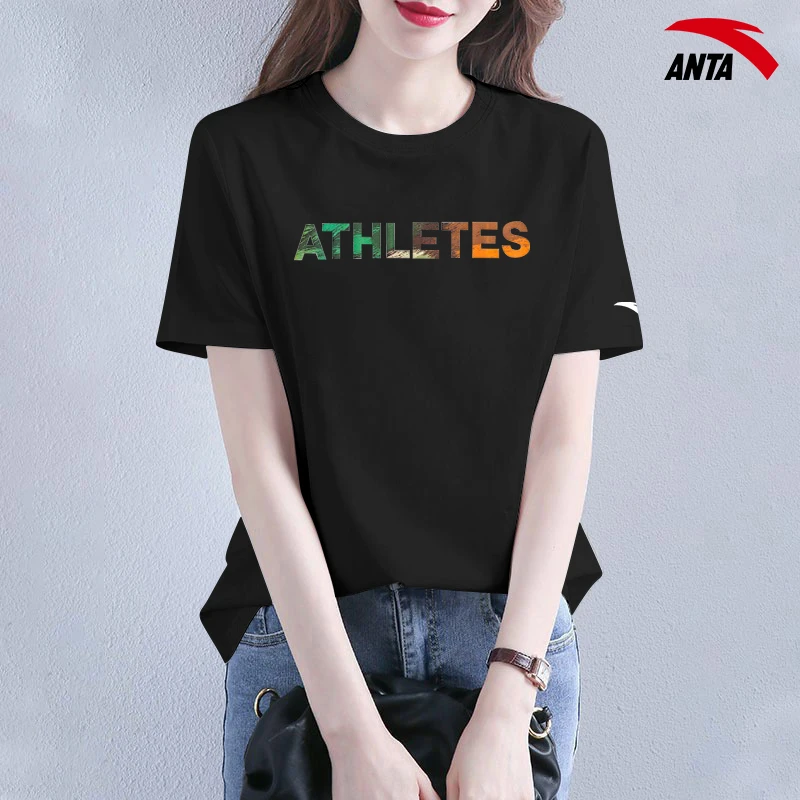 安踏黑色运动短袖t恤女夏季新款时尚百搭显瘦半袖宽松休闲圆领棉t
