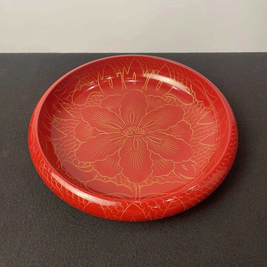 扬州漆器厂丨勾刀花卉圆托盘（全红） 直径24cm-CJ