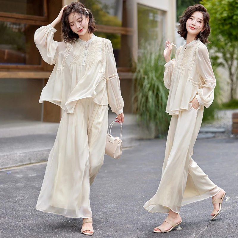 韩版时尚气质洋气减龄流行微透雪纺上衣阔腿裤三件套套装春夏爆款