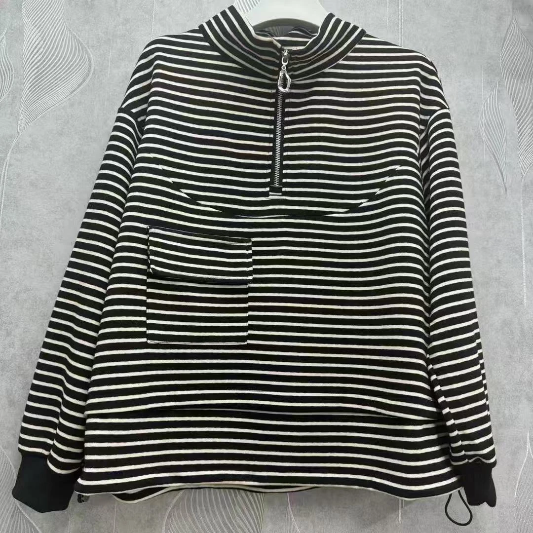 816新款减龄经典条纹拉链半高领洋气百搭显瘦长袖女上衣