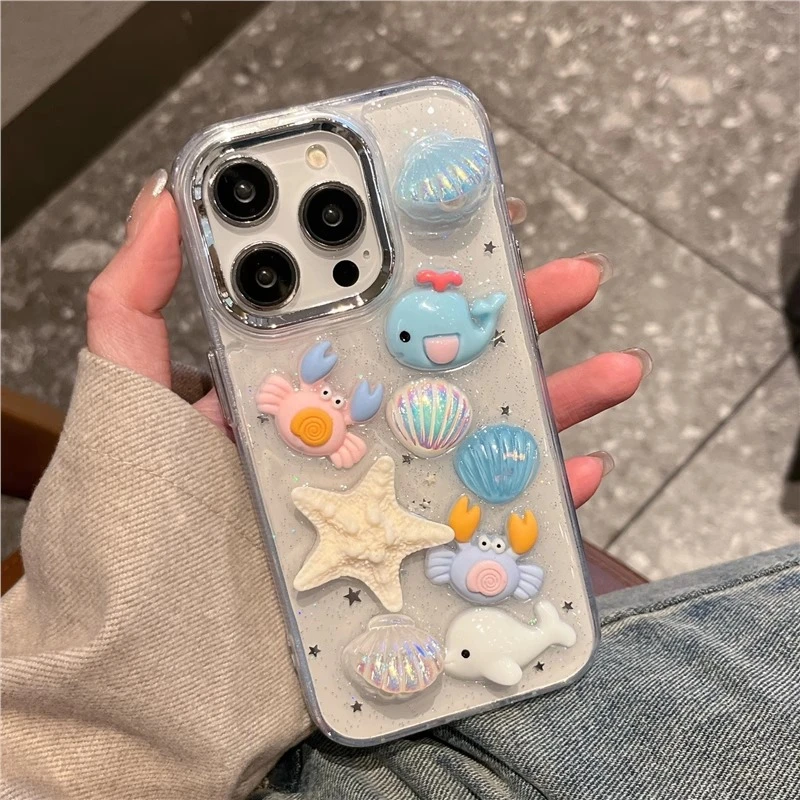 海盐气泡适用苹果16promax透明手机壳15plus淡蓝色贝壳海17promax