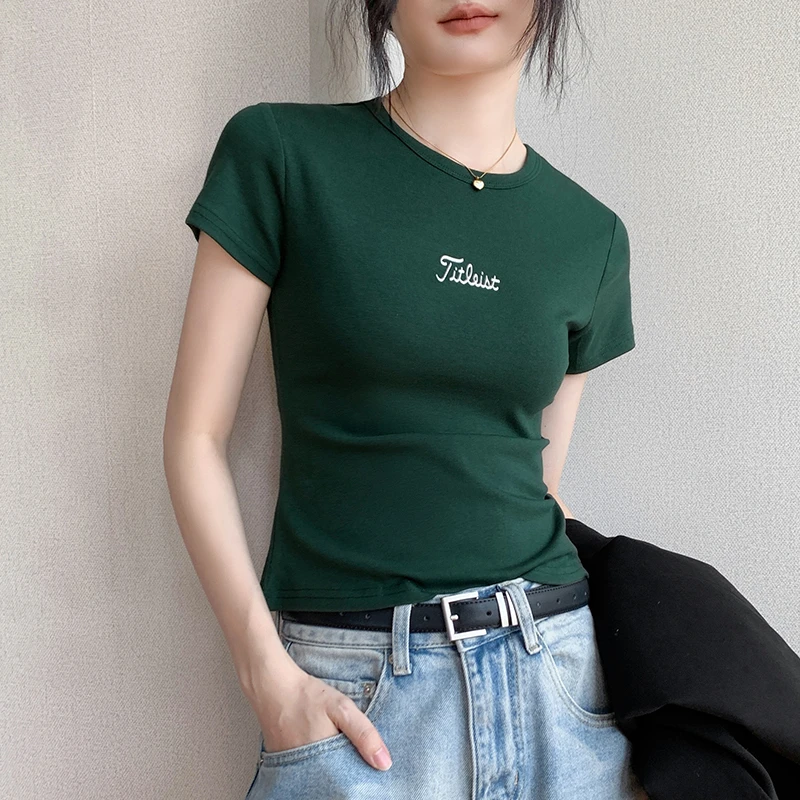 韩版百搭圆领时尚短款正肩短袖T恤女修身显瘦简约别致小个子上衣