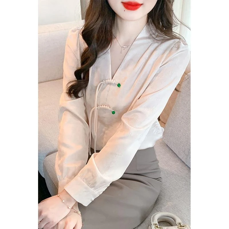 新中式国风缎面长袖衬衫2024春季新款提花气质上衣女士衬衣小衫