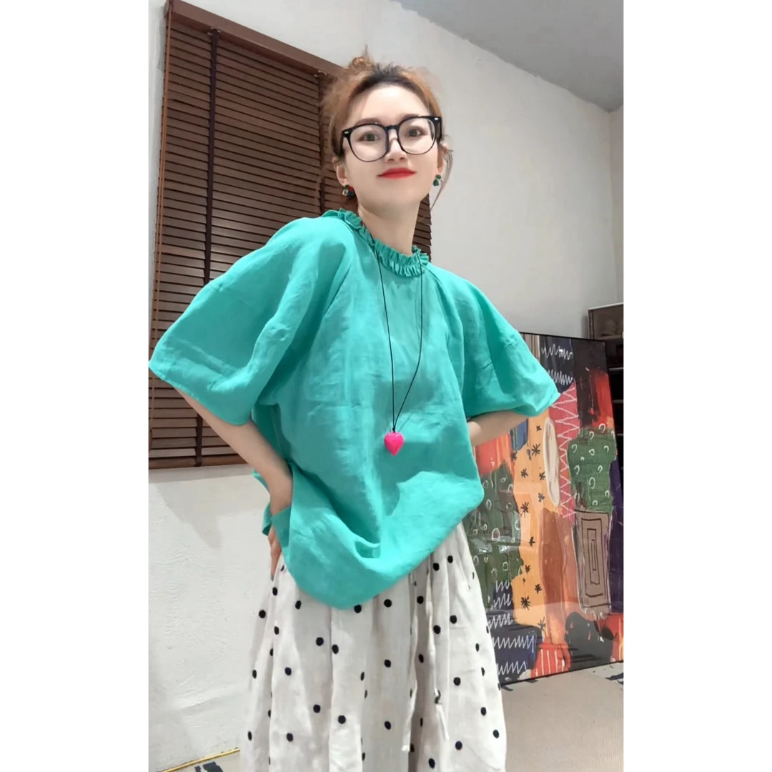 【Z.D.C】木耳边系带领苎麻衬衫/宽松韩版减龄百搭