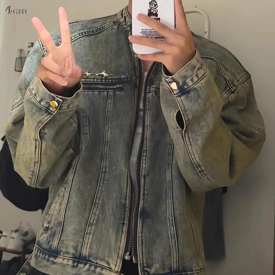 美式水洗潮流男款牛仔外套春秋季短款复古长袖高级感立领工装上衣