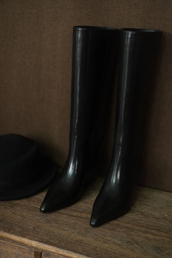 1627【冰冰专属长靴】胎牛皮高货时尚百搭真皮尖头长靴新款B【5cm】